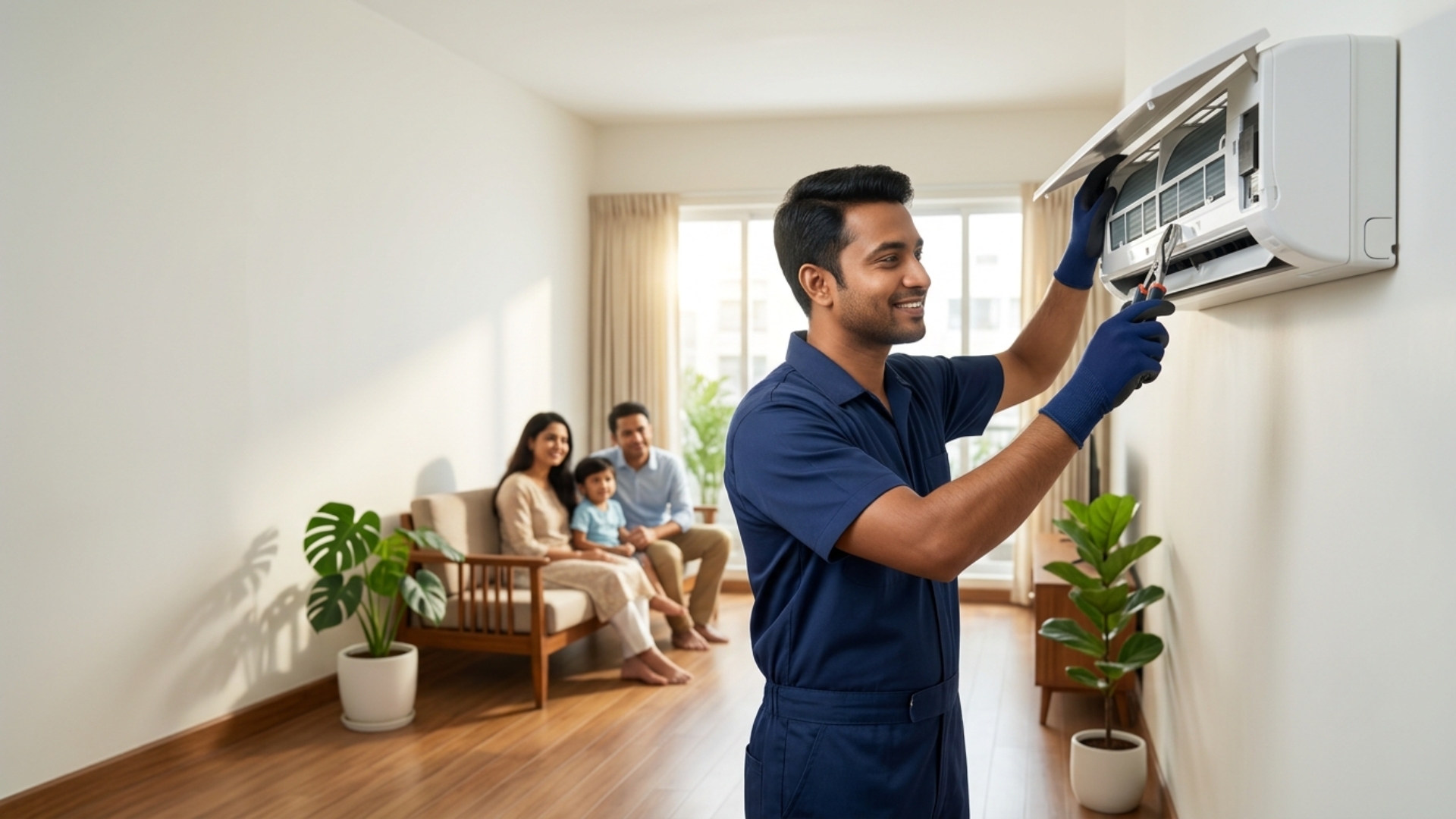 Professional AC technician servicing a residential air conditioner