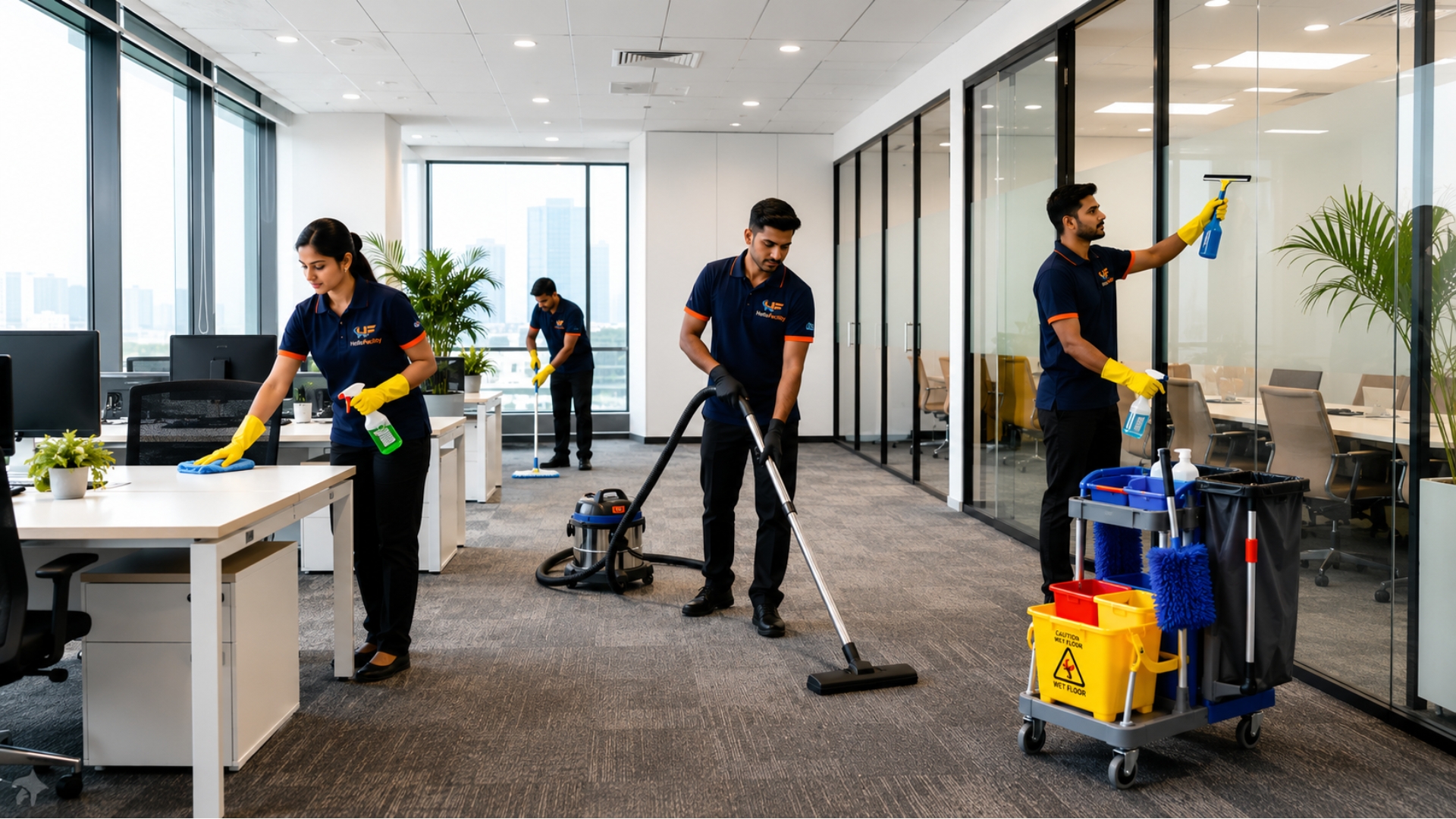 Professional Hello Facility cleaning team in an office