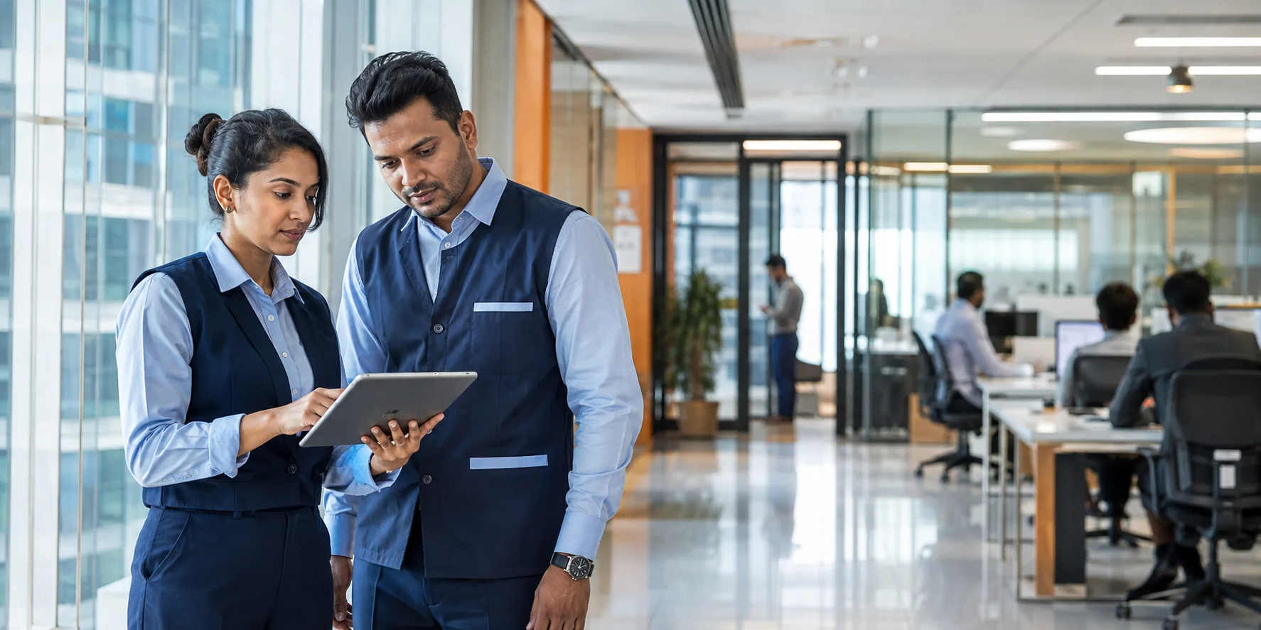 Hello Facility professionals reviewing an operational checklist