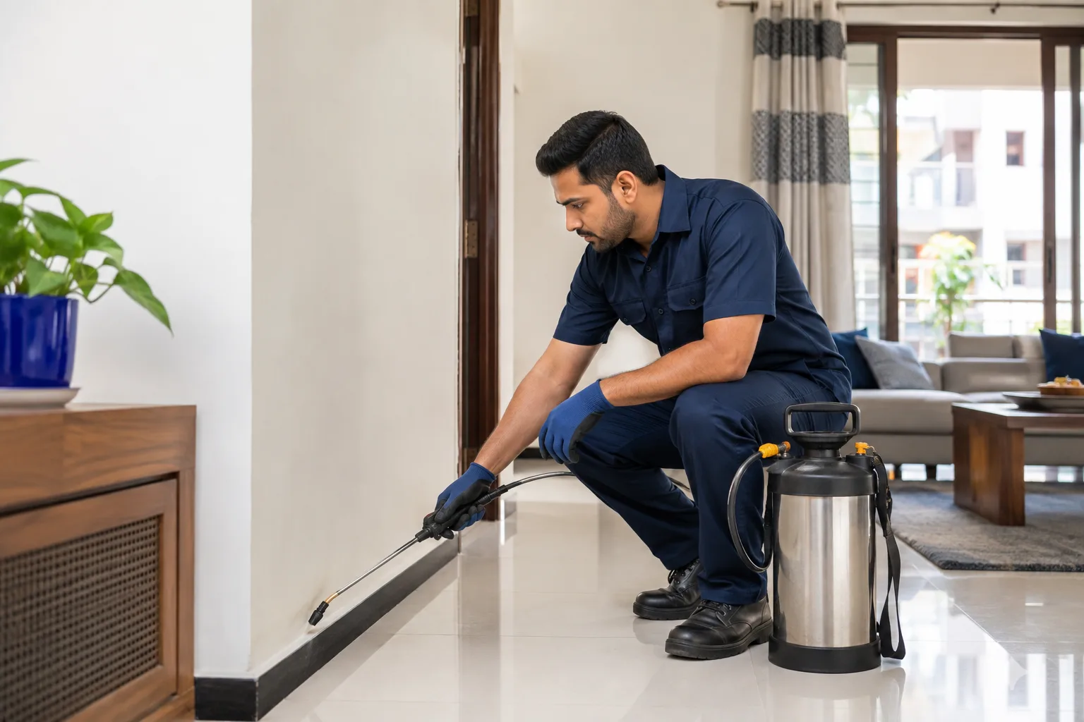 Professional pest control technician treating a home in Dhaka